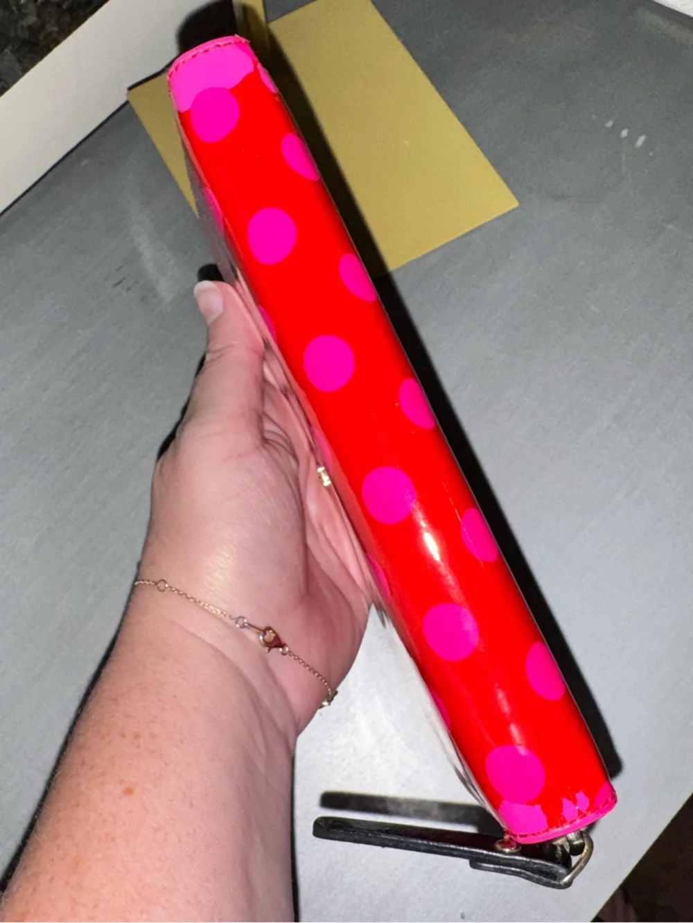 Kate Spade Red Patent Long Wallet with Pink Polka Dots - GUC